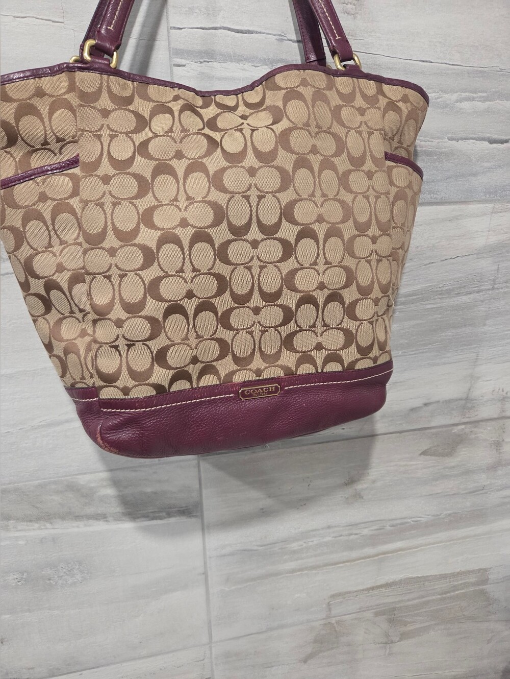 Coach Park Signature North/South Tote F23295 Khaki & Plum Leather Shoulder Bag